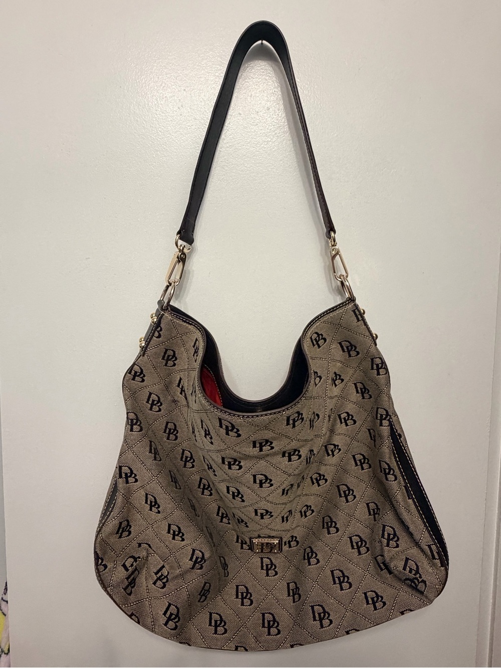 Dooney & Bourke Tan Monogram Shoulder Hobo with Black Trim